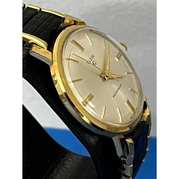 Vintage 1960s Mens Elgin Silver & Gold tone Pie Pan Dial Watch in box - Picture 5 of 16